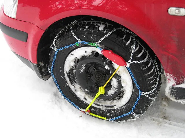 Snow chains on tire Snow chains on tire