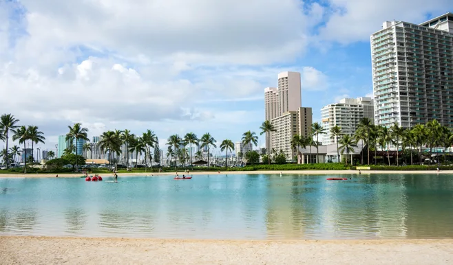 Beach lake by harbor and hotel Beach lake by harbor and hotel